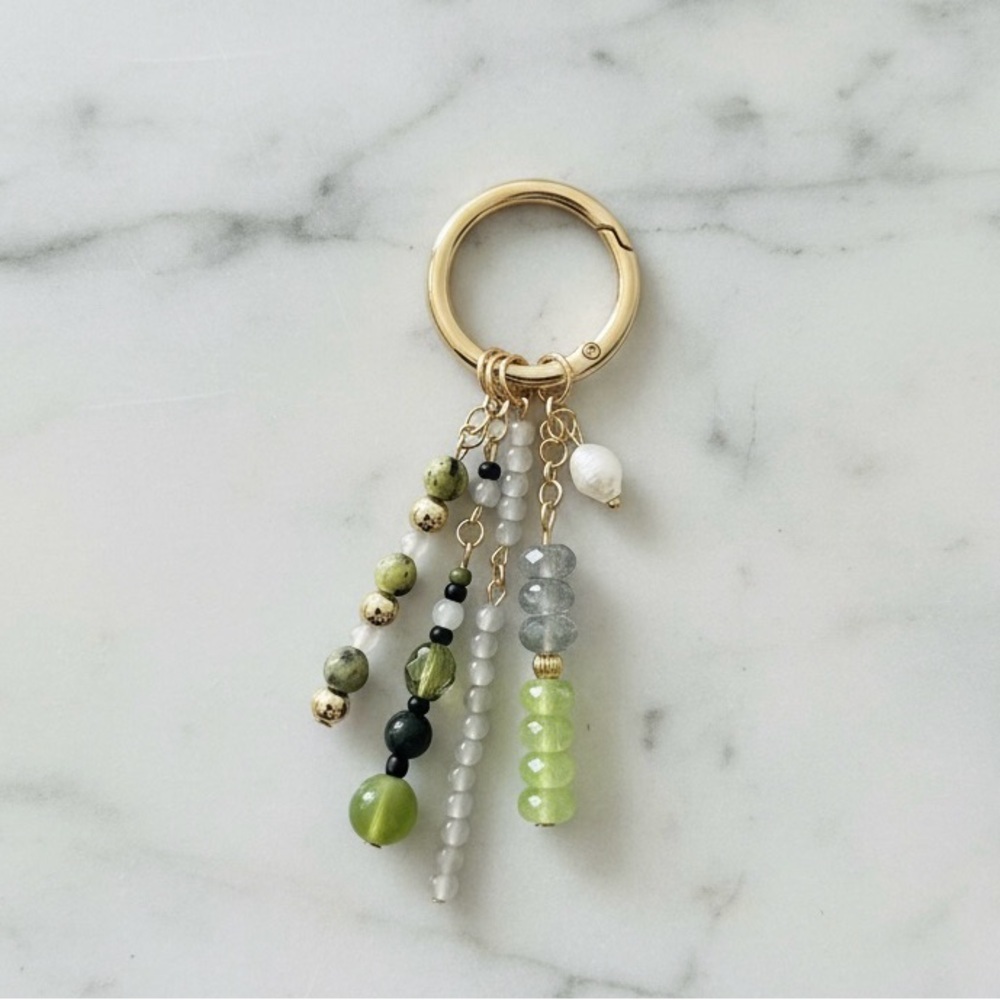 Earthy Green Beaded Bag Charm Keychain with Real Pearl